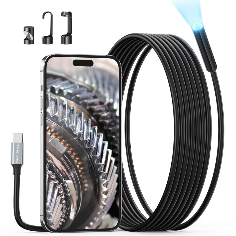 Teslong USB C Endoscope Camera with Light, Type-C Snake Borescope Camera with 8 LED Lights, 10FT Flexible Waterproof Inspection Cam, Fiber Optic Scope Compatible with iPhone 15/16/17, Android Phone - Image 1